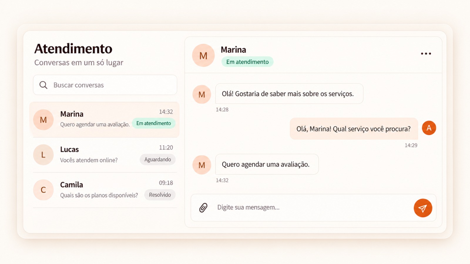 Tela de Atendimento com a lista de conversas e uma conversa aberta (demonstração ilustrativa, dados fictícios)