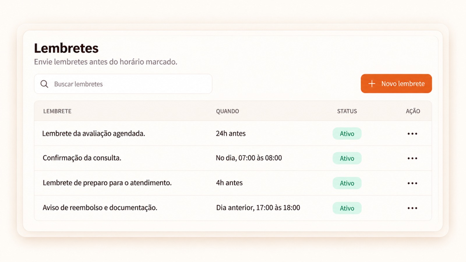 Tela de Lembretes programados antes da visita (demonstração ilustrativa, dados fictícios)