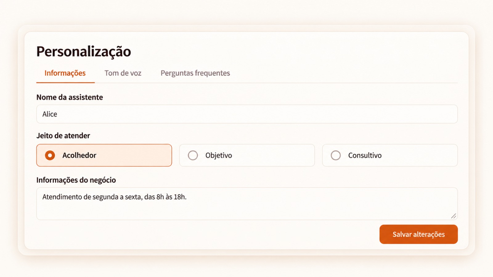 Tela de Personalização do atendimento (demonstração ilustrativa)